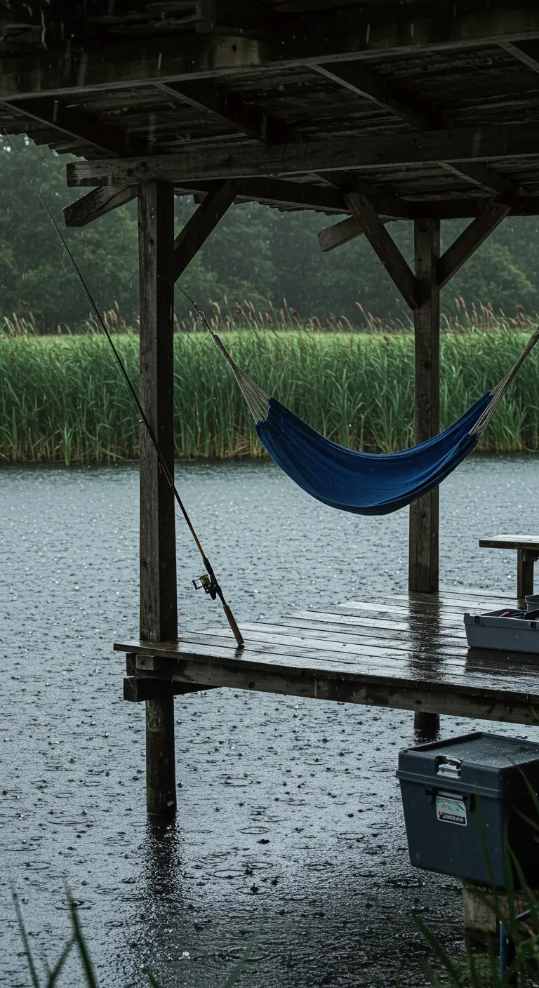 Blauwe hangmat onder een afdak op een houten vlonder aan het water, met vishengel.