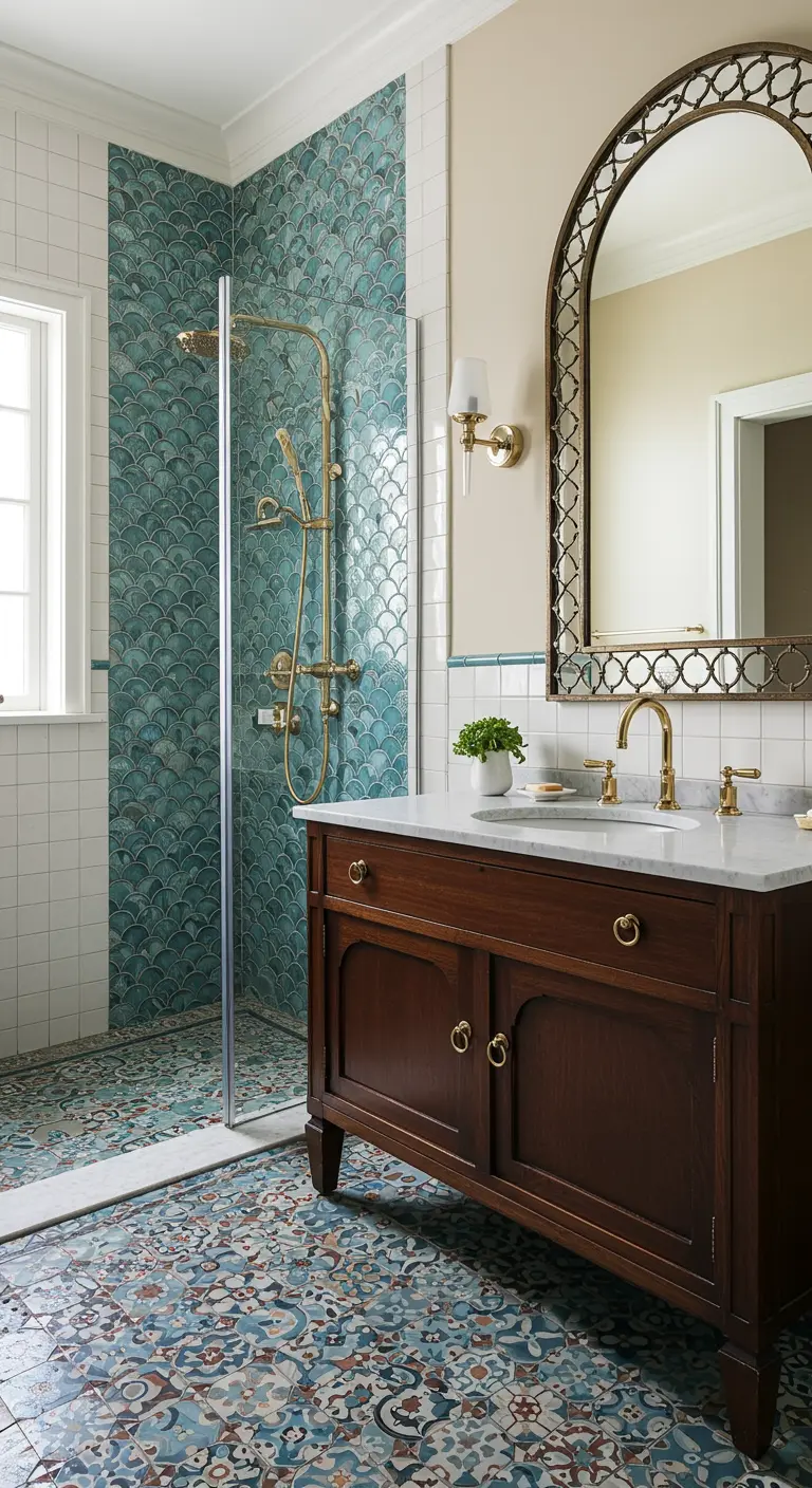 Badkamer met turquoise visschubtegels in douche, witte tegels en gouden kranen.