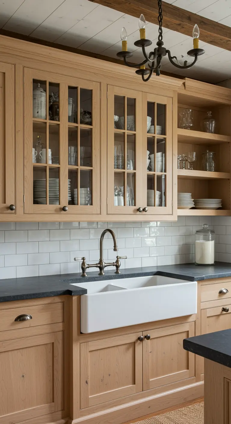 Licht houten keuken met vitrinekasten, witte spoelbak en donker werkblad.