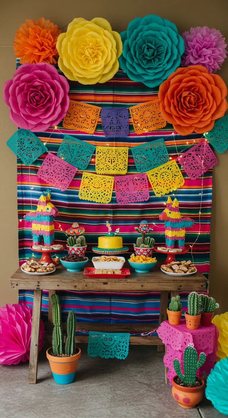 Mexicaanse fiesta decoratie met kleurrijk doek, papieren bloemen, papel picado en cactussen.