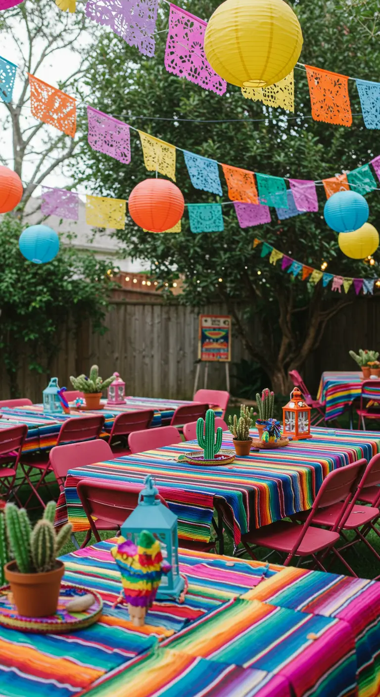 Tuinfeest met kleurrijke Mexicaanse decoratie zoals papel picado en cactussen op de tafels.