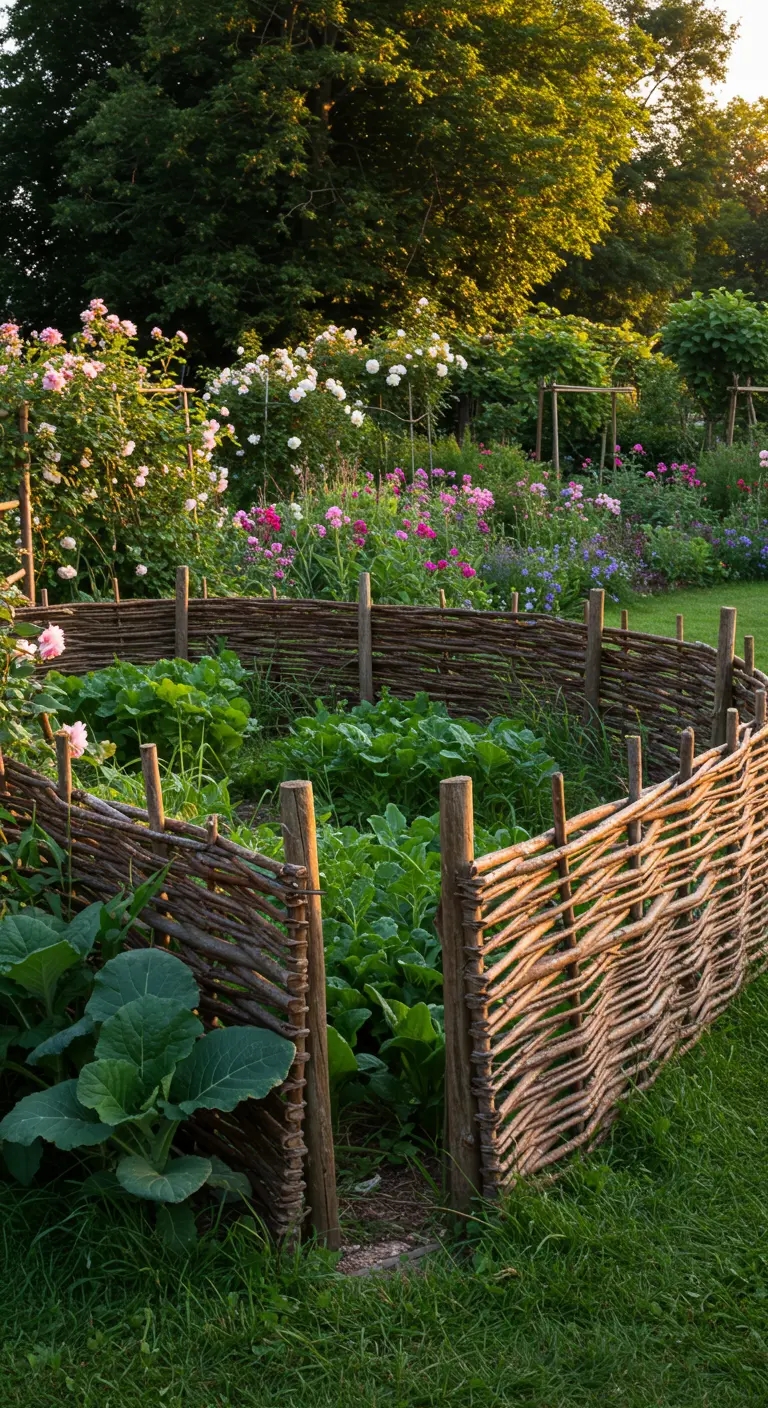 Rond, laag hekwerk van gevlochten wilgentenen om een moestuinbed.