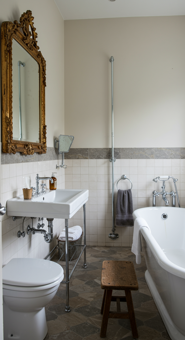 Badkamer in vintagestijl met grote gouden sierspiegel en klassiek sanitair.