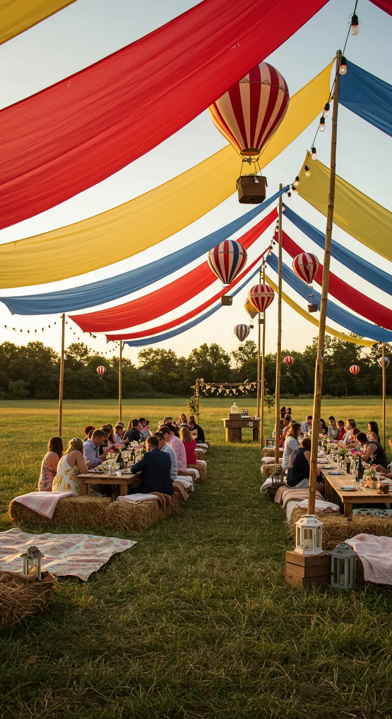 Buitenfeest in veld met kleurrijke stoffen, hooibalen, lange tafels en heteluchtballon decor.