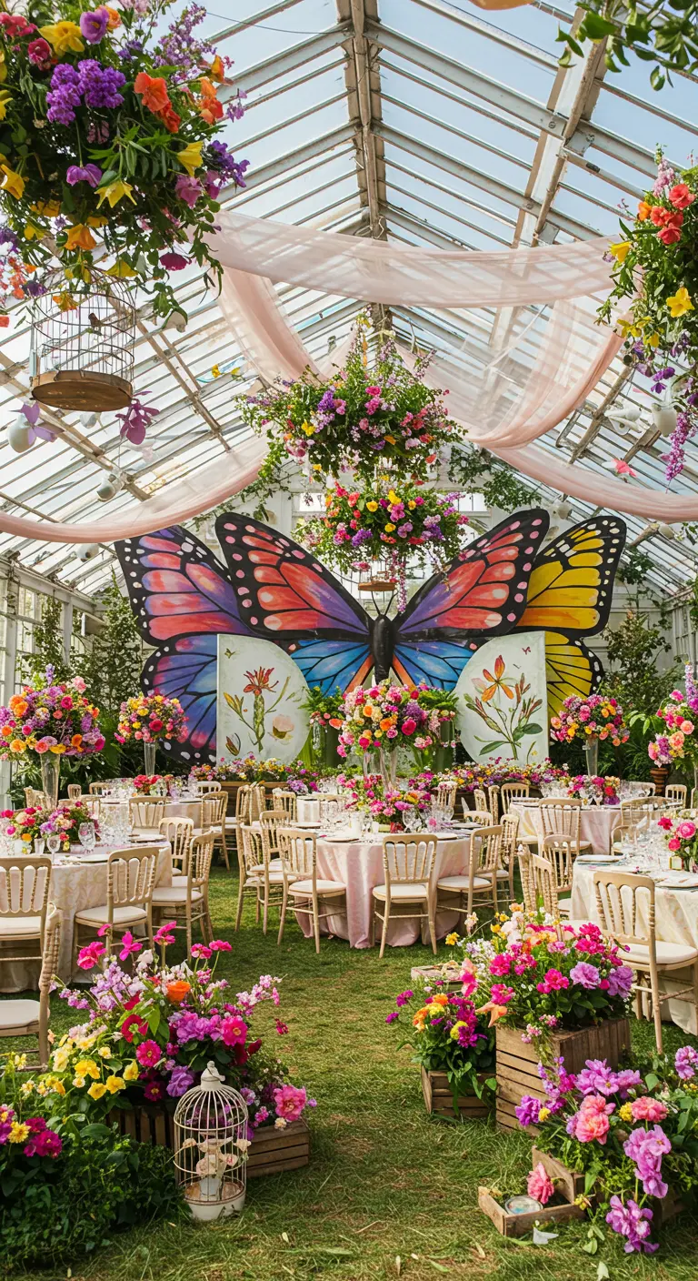 Feestzaal in een kas met een grote vlinder backdrop, veel bloemen en elegante tafelaankleding.