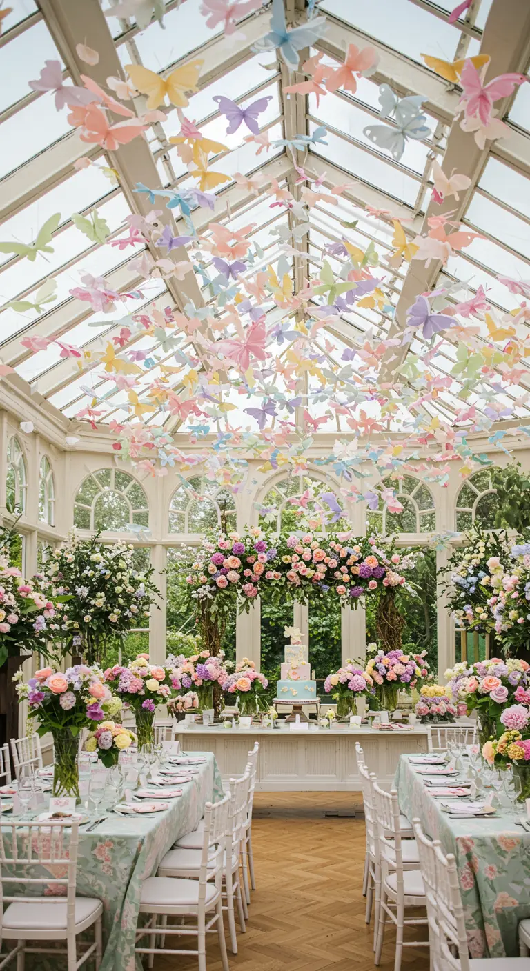 Babyshower in serre met honderden hangende pastel vlinders en bloemen.
