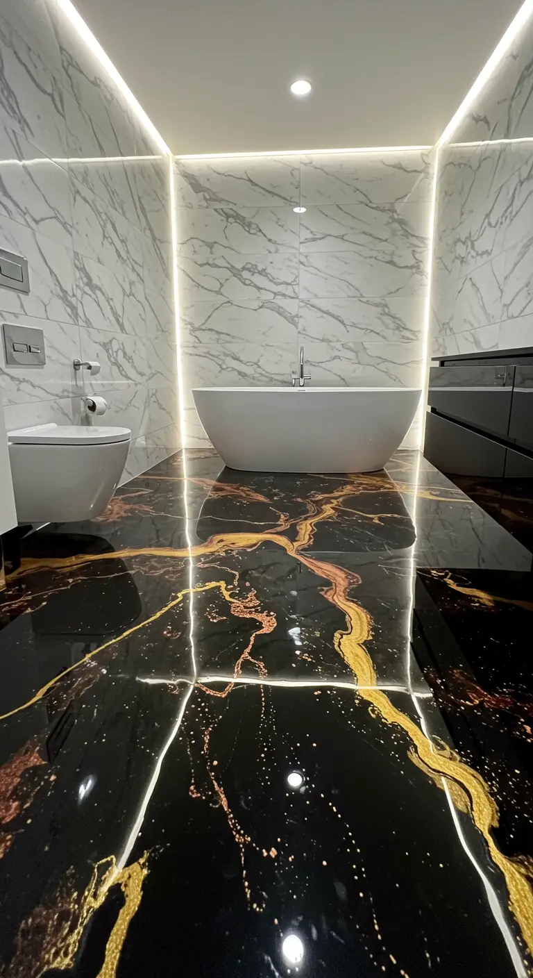 Moderne badkamer met zwarte hoogglans epoxyvloer met gouden aderen.