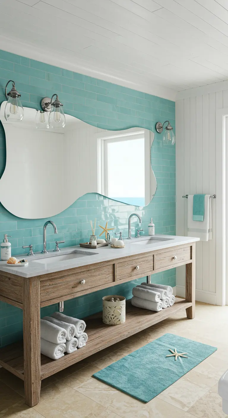 Badkamer met een grote, golvende spiegel boven een dubbele wastafel en blauwe tegels.