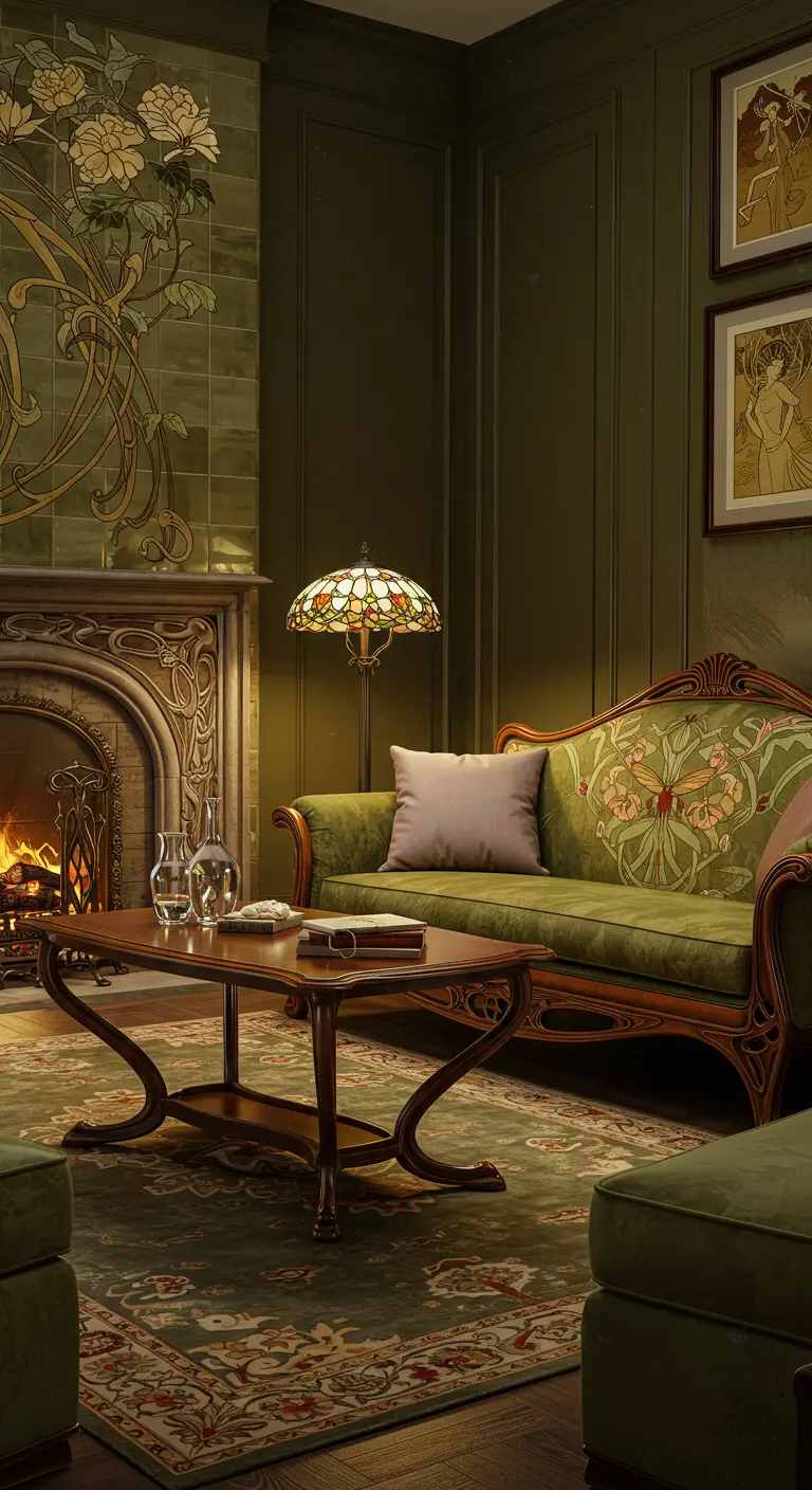 Art Nouveau woonkamer met bank met bloemmotief, Tiffany lamp en sierlijke schouw.