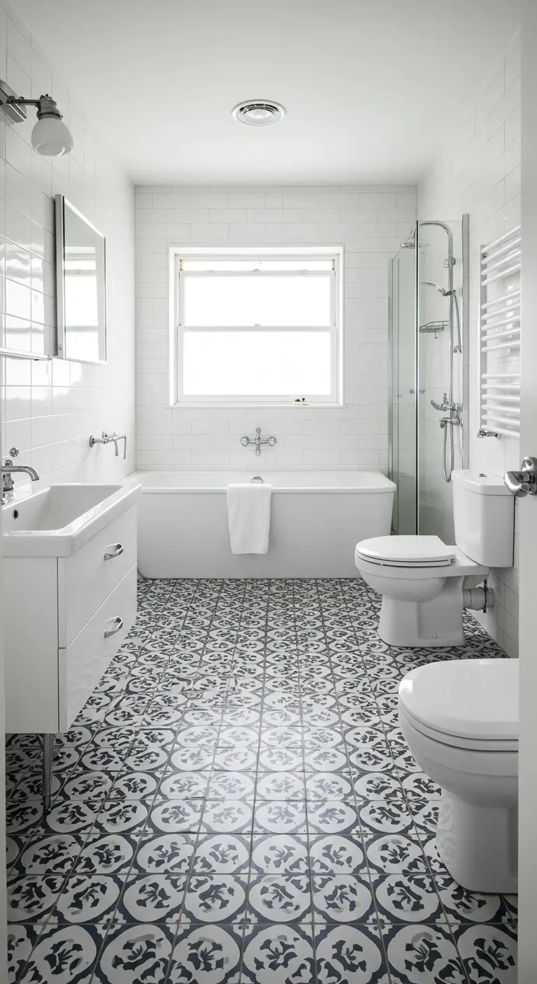 Witte badkamer met een opvallende zwart-witte patroontegelvloer en simpel wit sanitair.