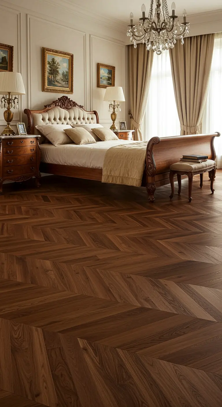Elegante slaapkamer met een klassieke houten visgraatvloer en een chique sfeer.