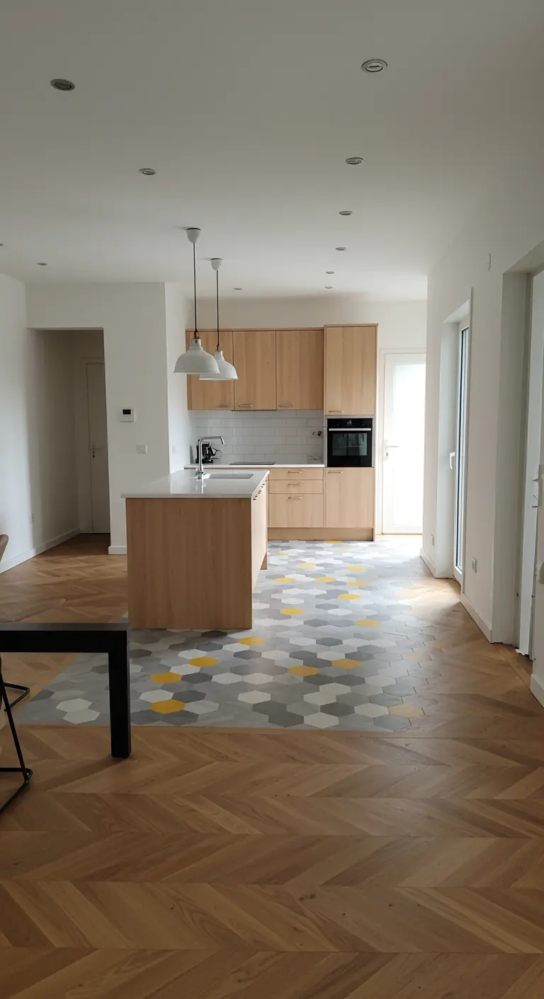 Open keuken met houten visgraatvloer die overgaat in zeshoekige tegels in keuken.