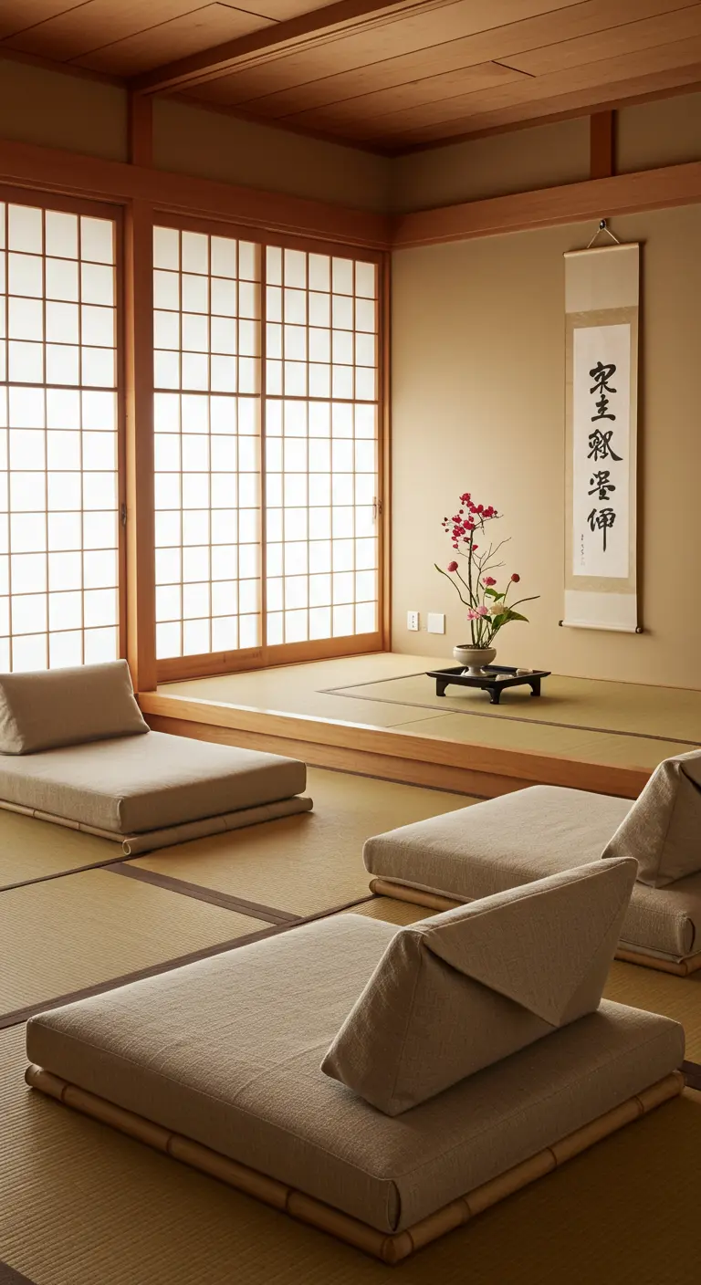 Lage, beige vloermatrassen met rugsteunen op tatami matten in minimalistische Japanse stijl kamer.