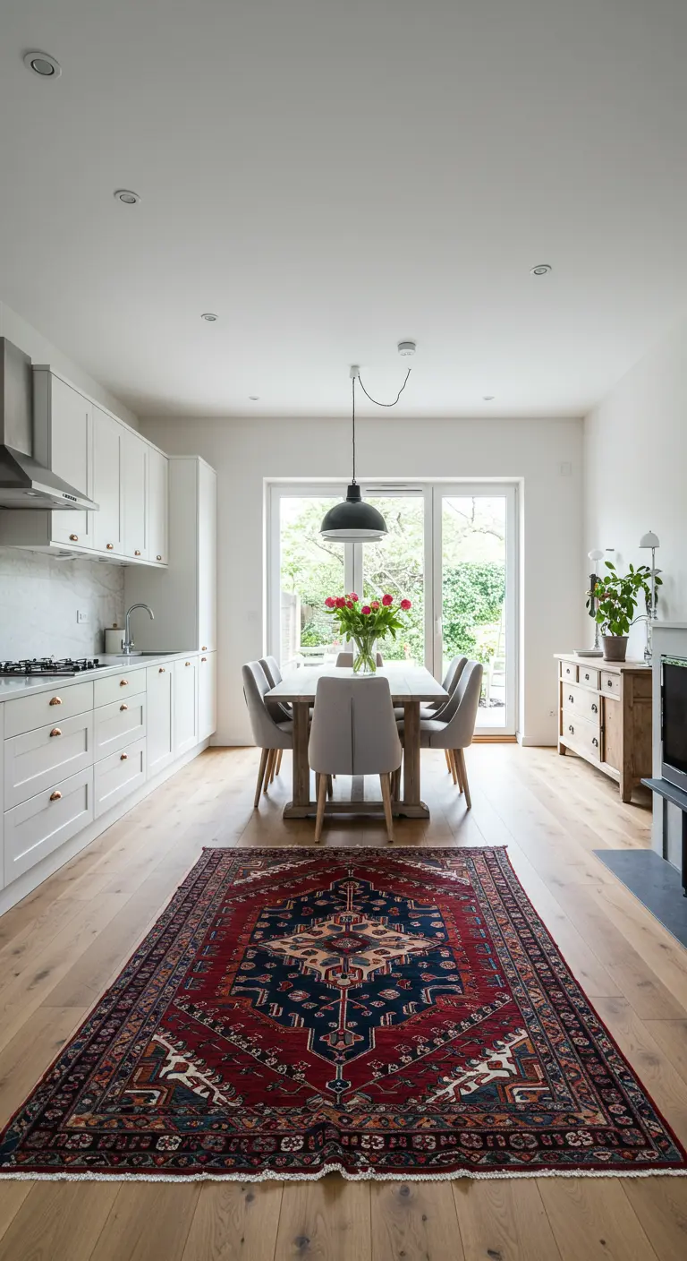 Open keuken en eethoek met een groot, kleurrijk Perzisch tapijt onder de eettafel.