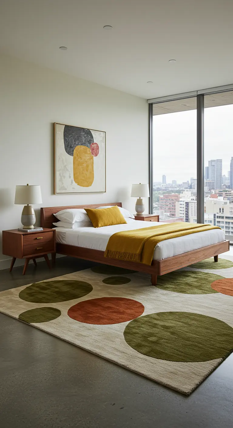 Slaapkamer met walnoothouten bed, geel plaid en vloerkleed met grote groene en oranje cirkels.
