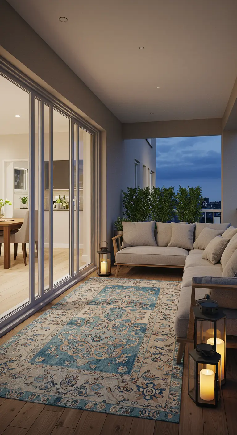 Lang balkon 's avonds met een groot blauw-beige Perzisch tapijt, loungebank en lantaarns.