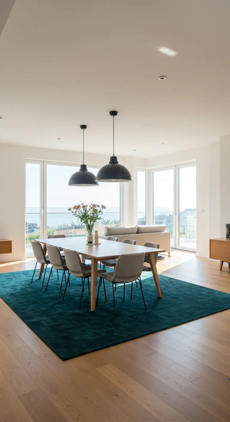 Grote eethoek met blauwgroen vloerkleed onder houten tafel en grijze stoelen bij groot raam.