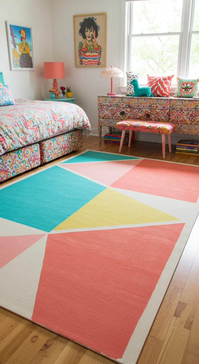 Vloerkleed met een zelfgeschilderd geometrisch patroon in roze, geel en turquoise.