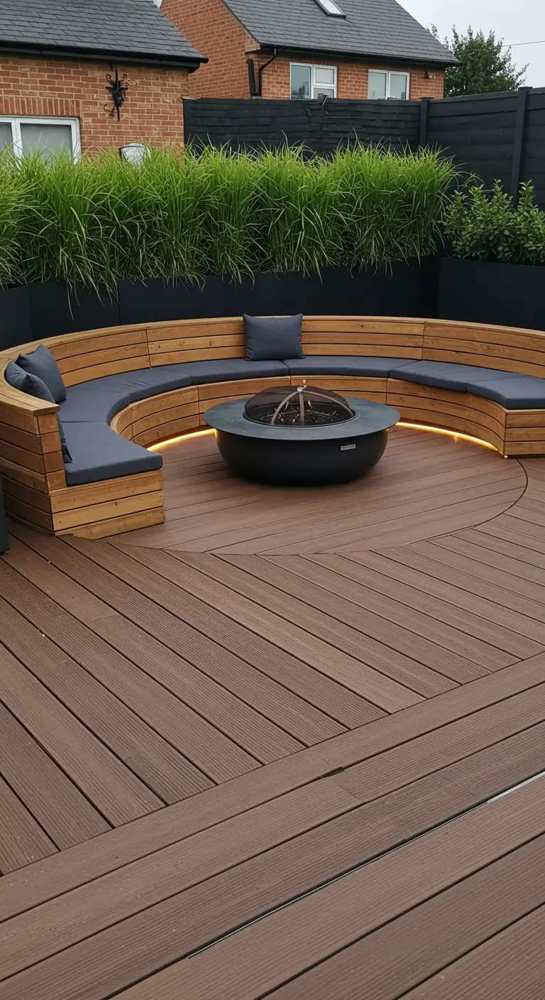 Ronde houten vlonder met ingebouwde houten bank en een centrale zwarte vuurschaal.