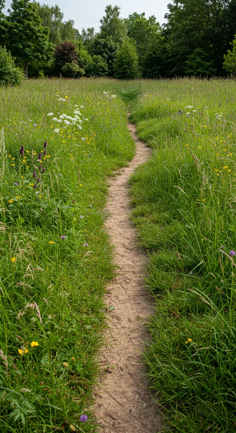 Smal zandpad dat slingert door een veld met hoog, groen gras en wilde bloemen.