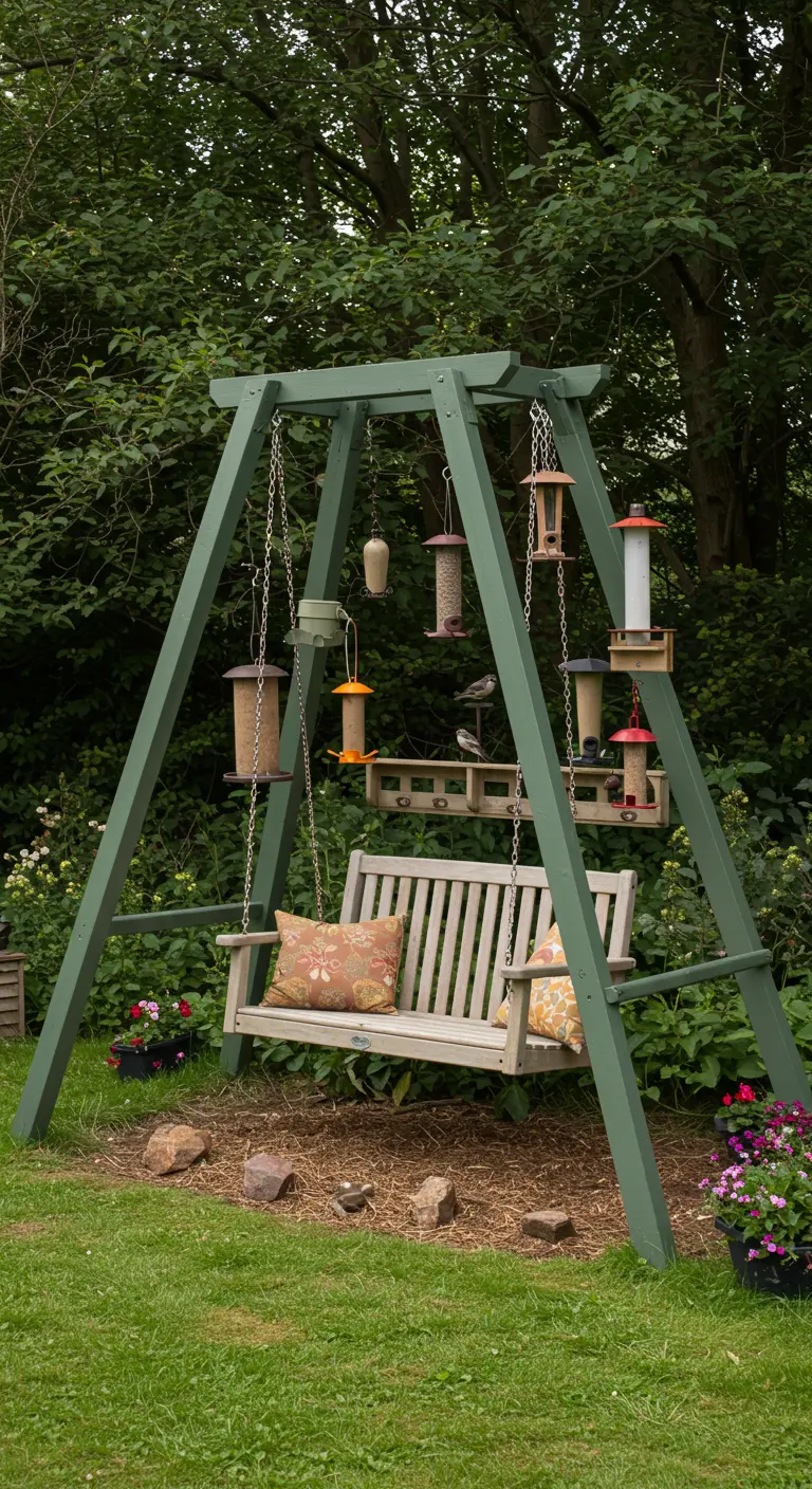 Groen A-frame schommel omgebouwd tot een vogelvoederstation met diverse vogelvoeders.