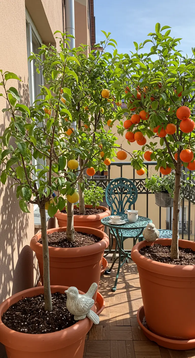 Balkon met citrusboompjes in terracotta potten en kleine stenen vogelbeeldjes op de potranden.