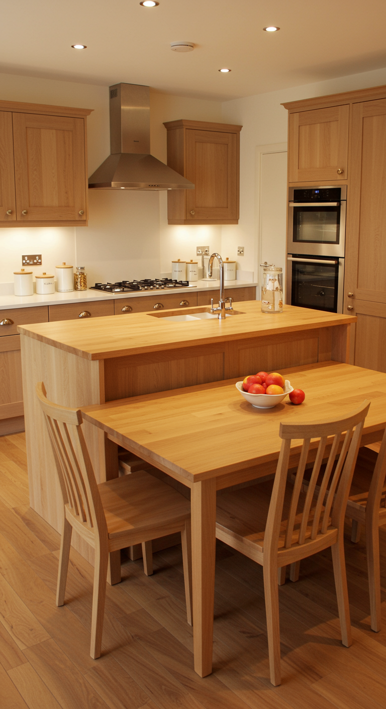 Volledig houten keuken met kasten, werkblad en aangebouwde eettafel.