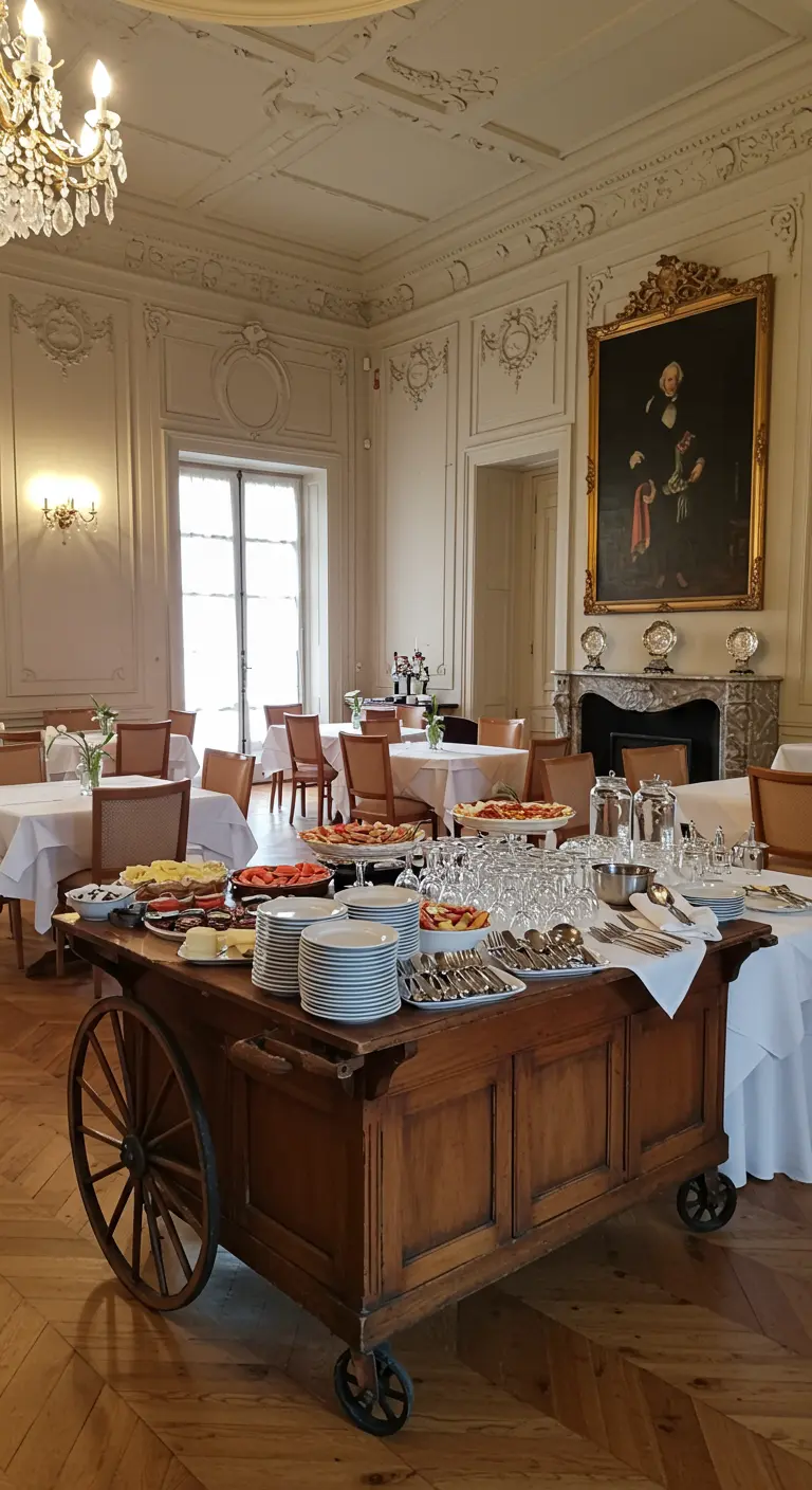 Grote rustieke houten serveerwagen als buffet met stapels borden en serveerschalen in een klassieke zaal.
