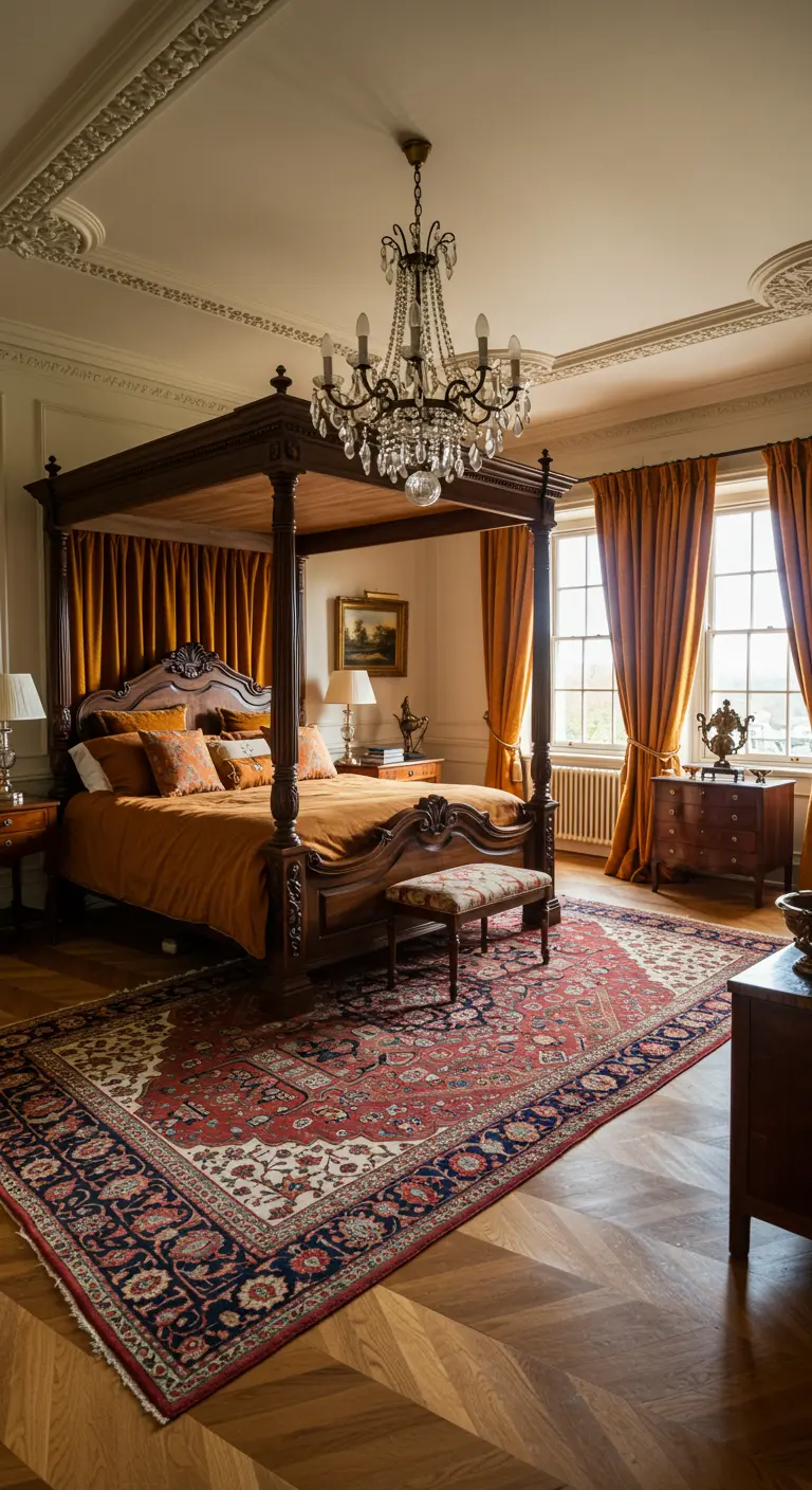 Grote slaapkamer met houten hemelbed, gele gordijnen en klassiek Perzisch vloerkleed.