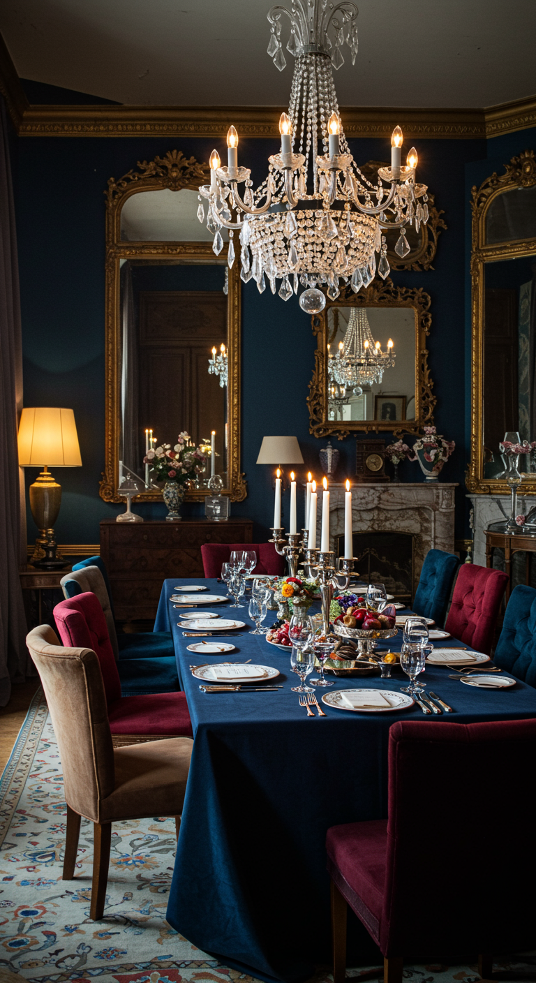 Klassiek gedekte tafel met donkerblauw fluweel, kristal en zilveren kandelaars.