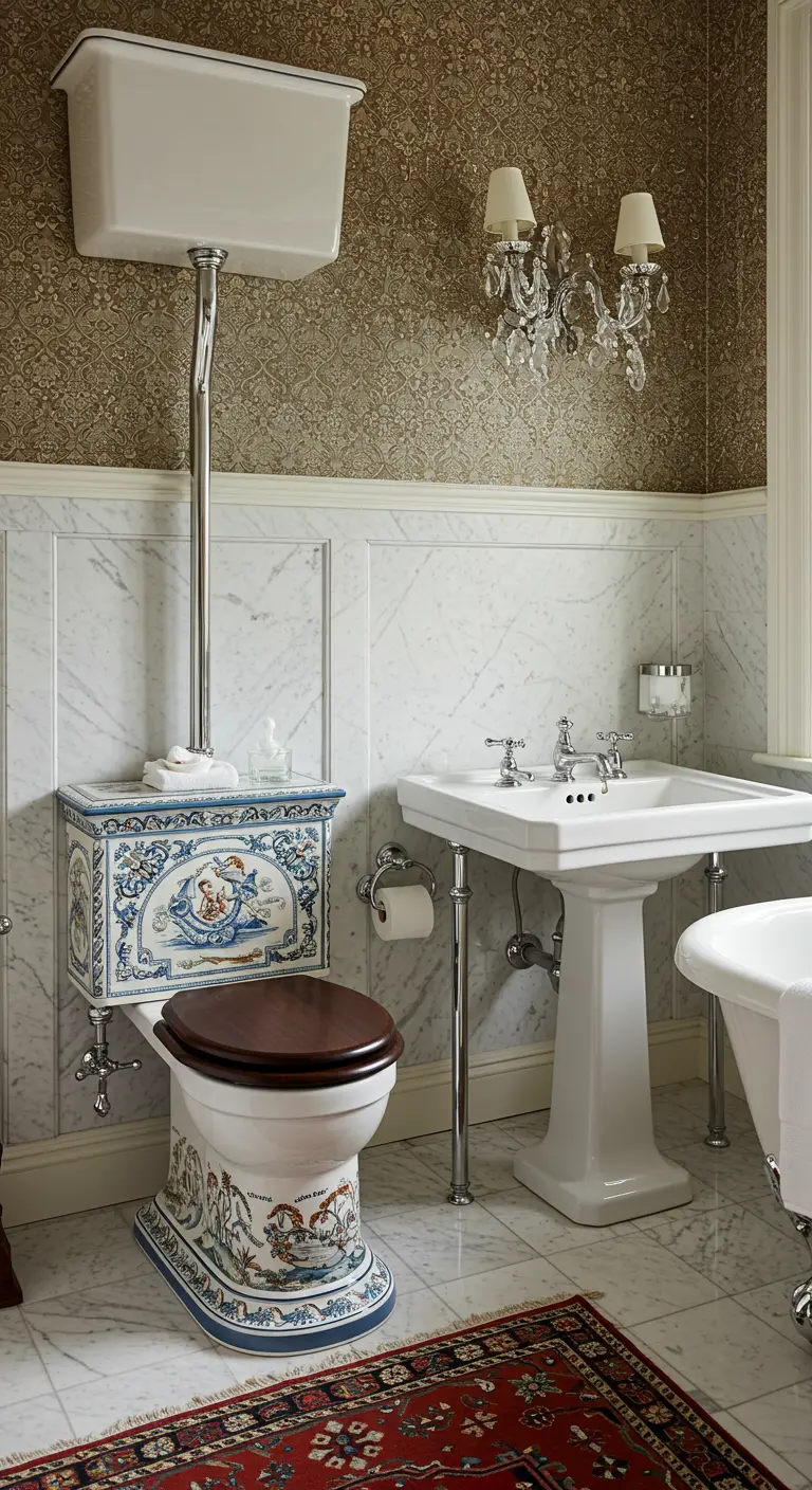 Klassiek toilet met Delfts Blauw-achtige beschildering en hoog reservoir.
