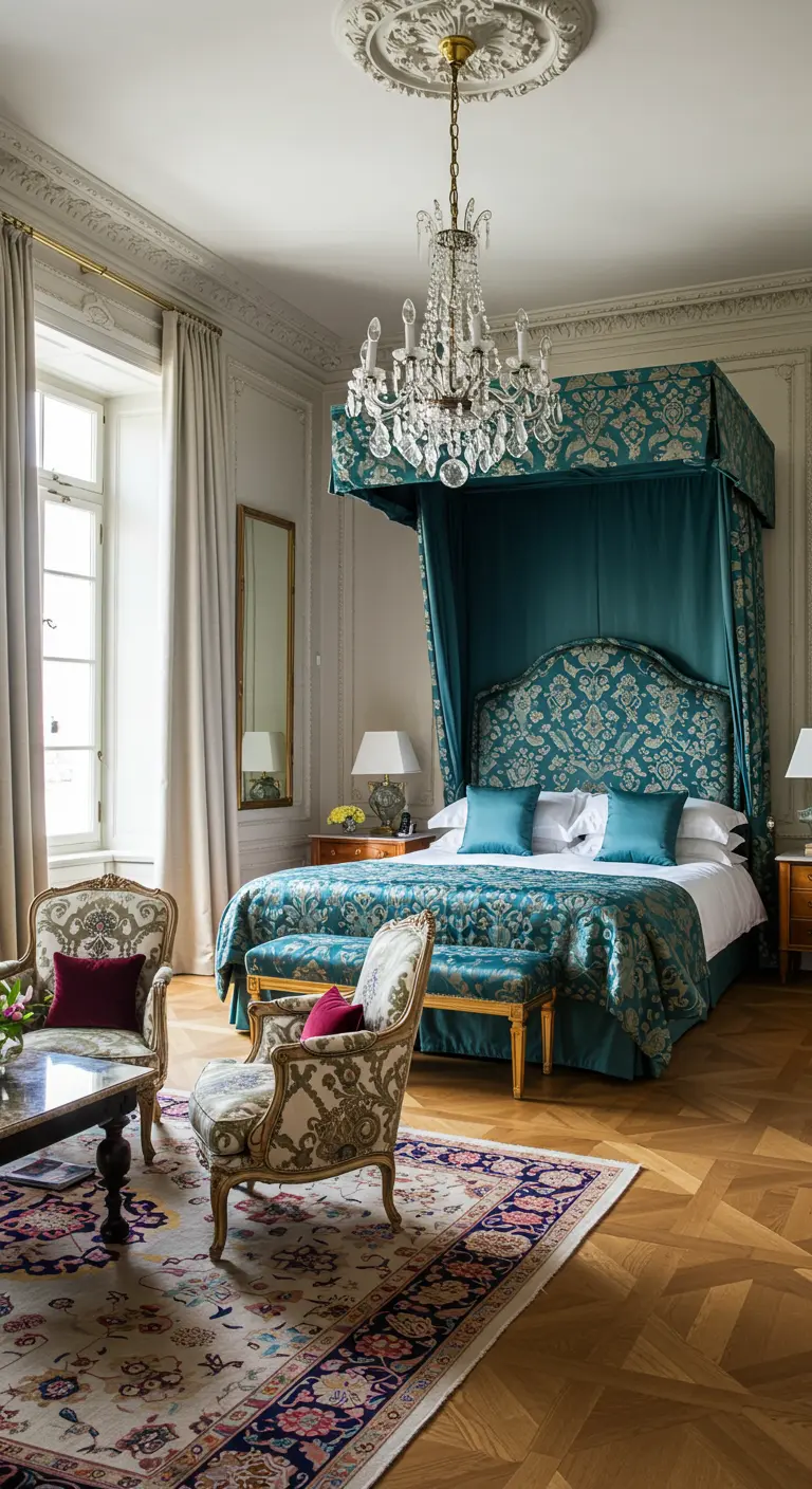 Luxe slaapkamer met groot teal hemelbed, kristallen kroonluchter en klassieke fauteuils.
