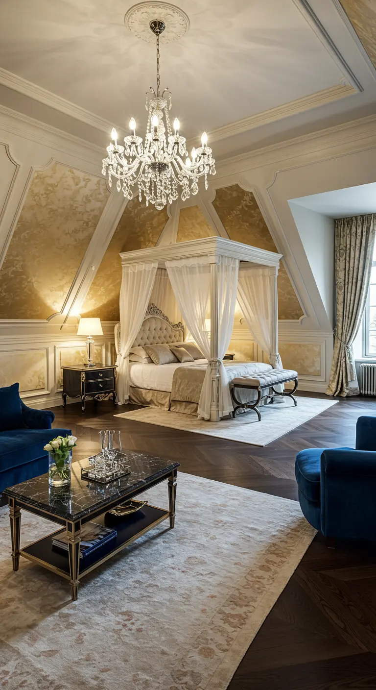 Luxe zolderslaapkamer met hemelbed, kroonluchter en goudaccenten op schuine wanden.