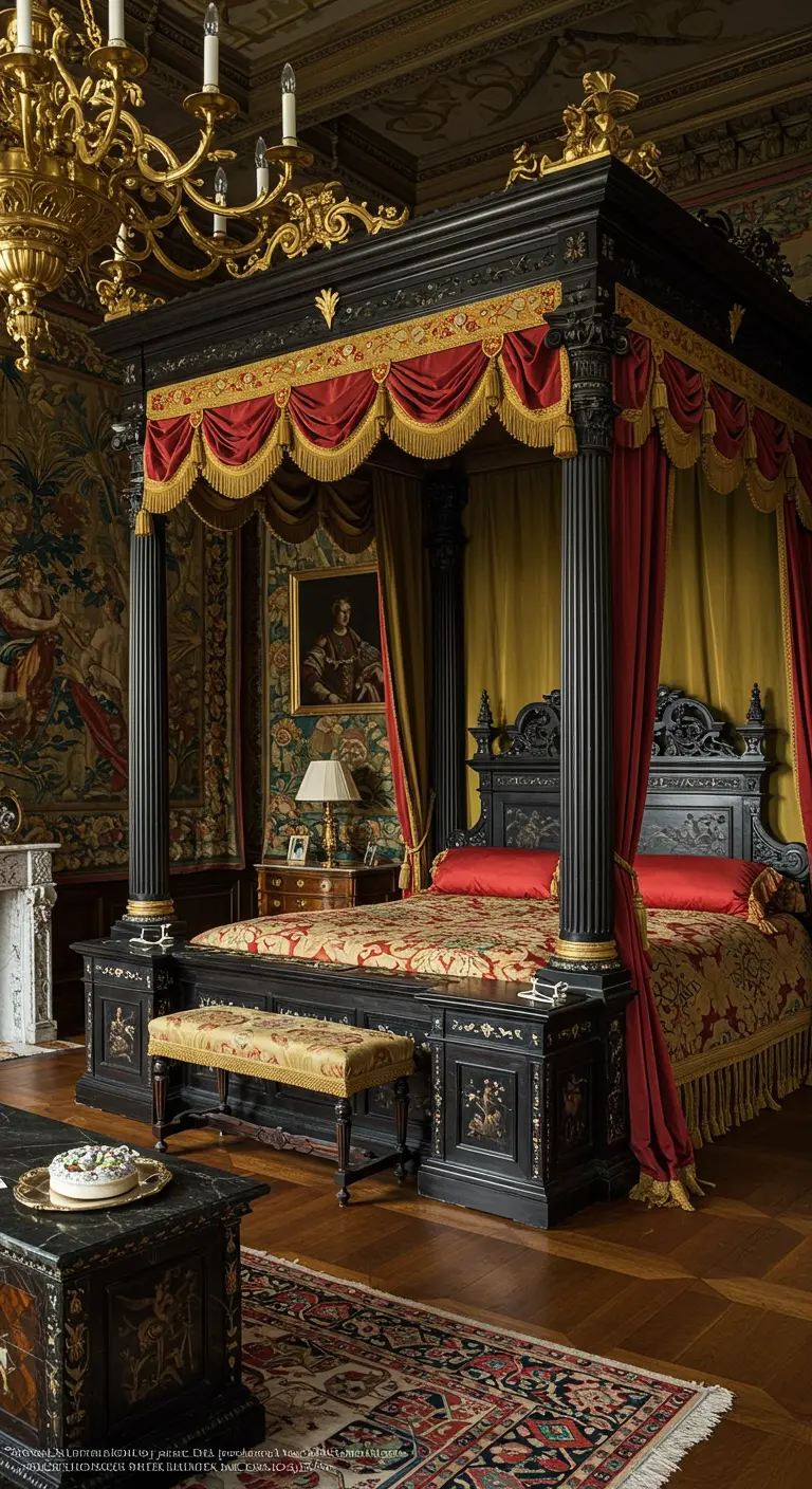 Imposante slaapkamer met donkerhouten hemelbed, rode en gouden draperieën en antieke meubels.