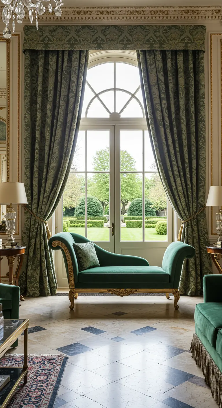 Groene fluwelen chaise longue voor hoog raam met klassieke groene gordijnen en gouden details.