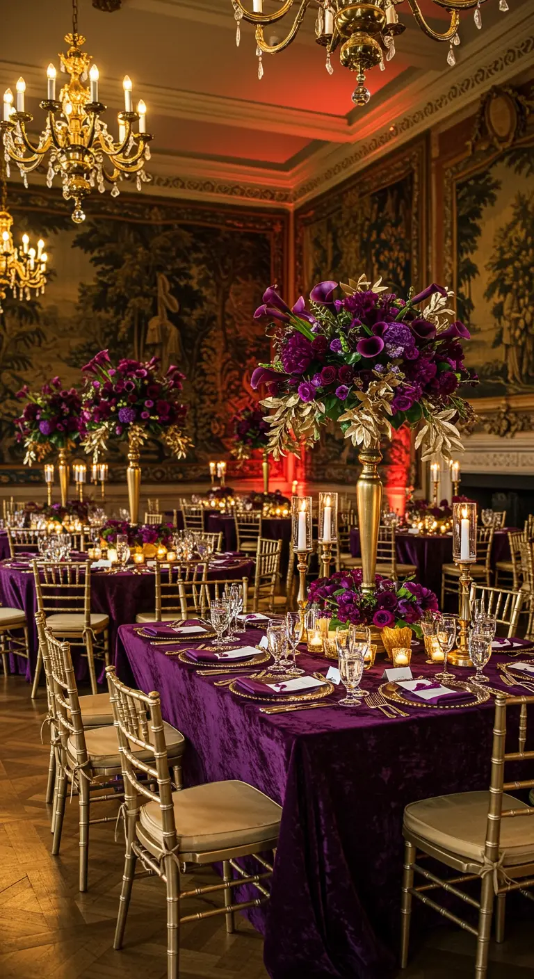 Luxe bruiloftsreceptie met paarse fluwelen tafelkleden, gouden stoelen en weelderige paarse bloemstukken.