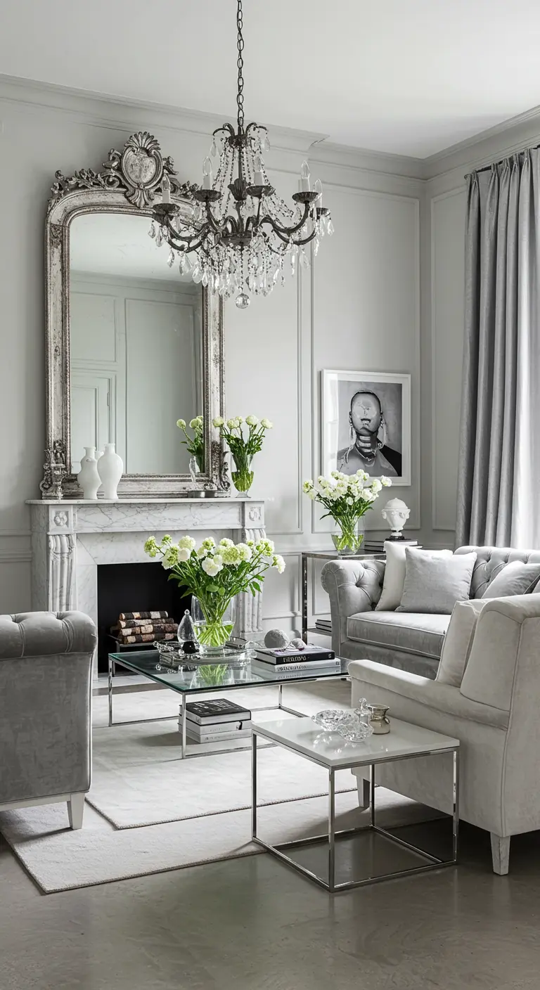 Zilverkleurige neoclassicistische woonkamer met sierlijke spiegel, glazen salontafels en witte bloemen.