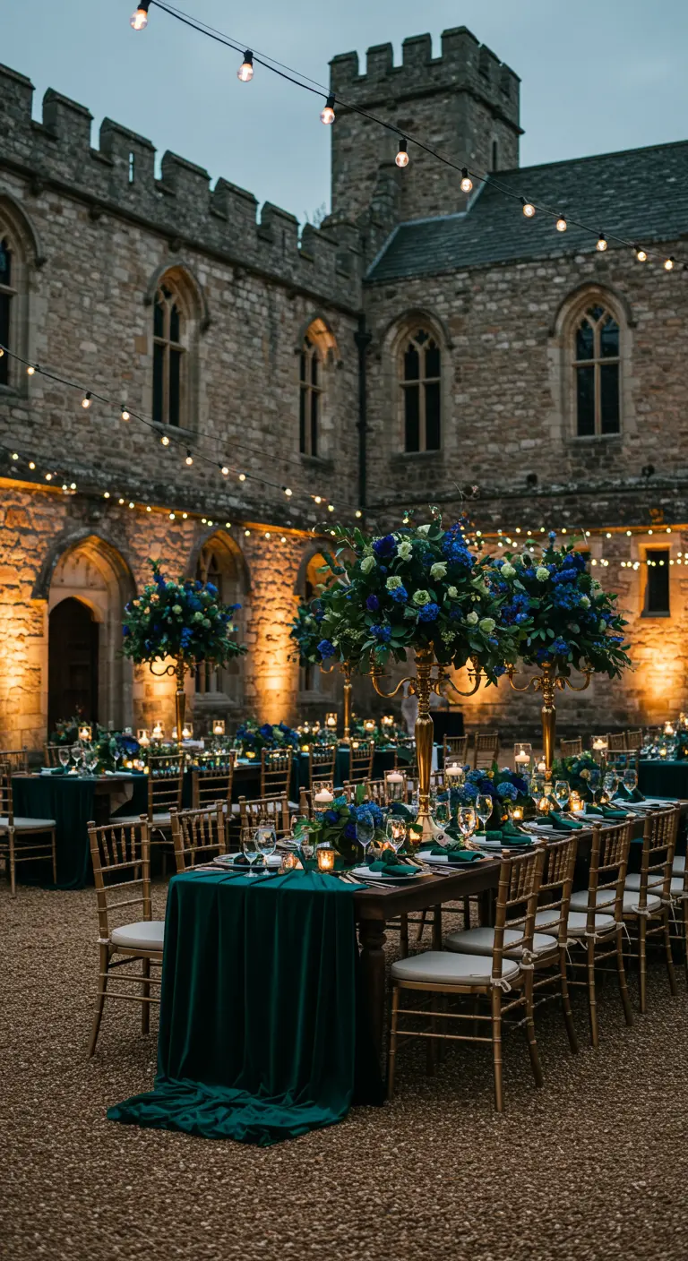 Kasteelbruiloft met lange tafels gedekt met donkergroen fluweel, blauwe bloemen en gouden stoelen.
