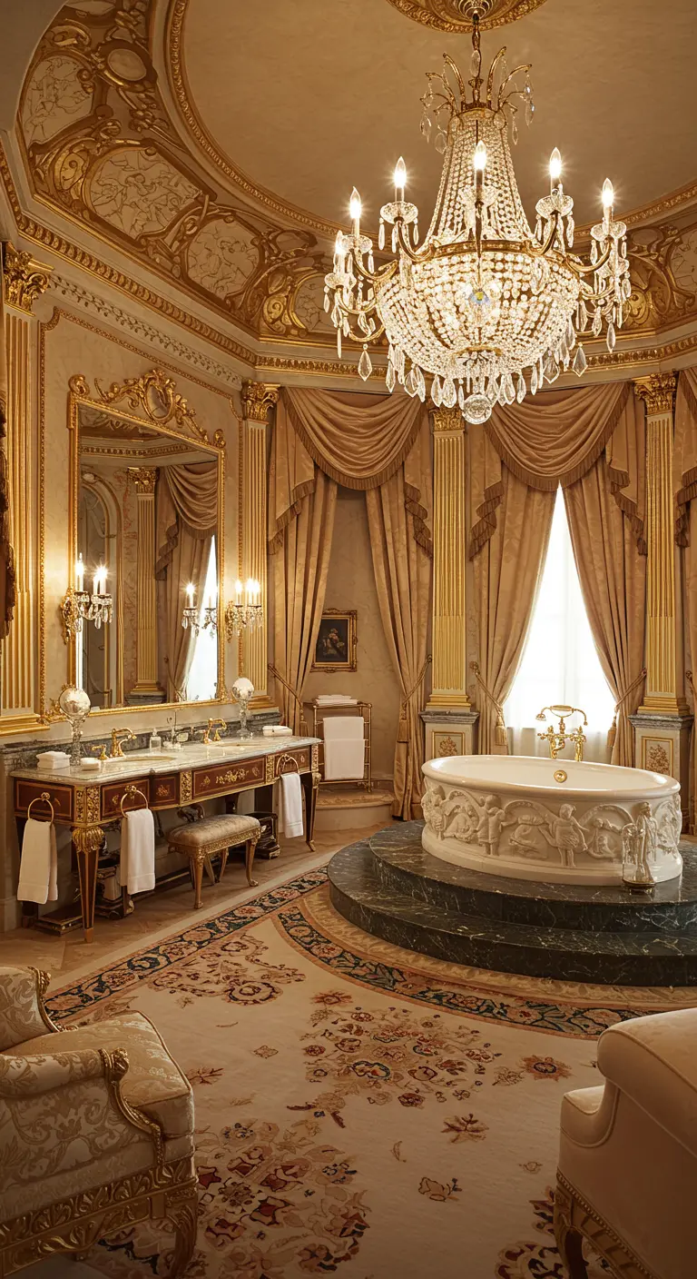 Extravagante badkamer in paleisstijl met veel goud, marmer, ornamenten en een kroonluchter.