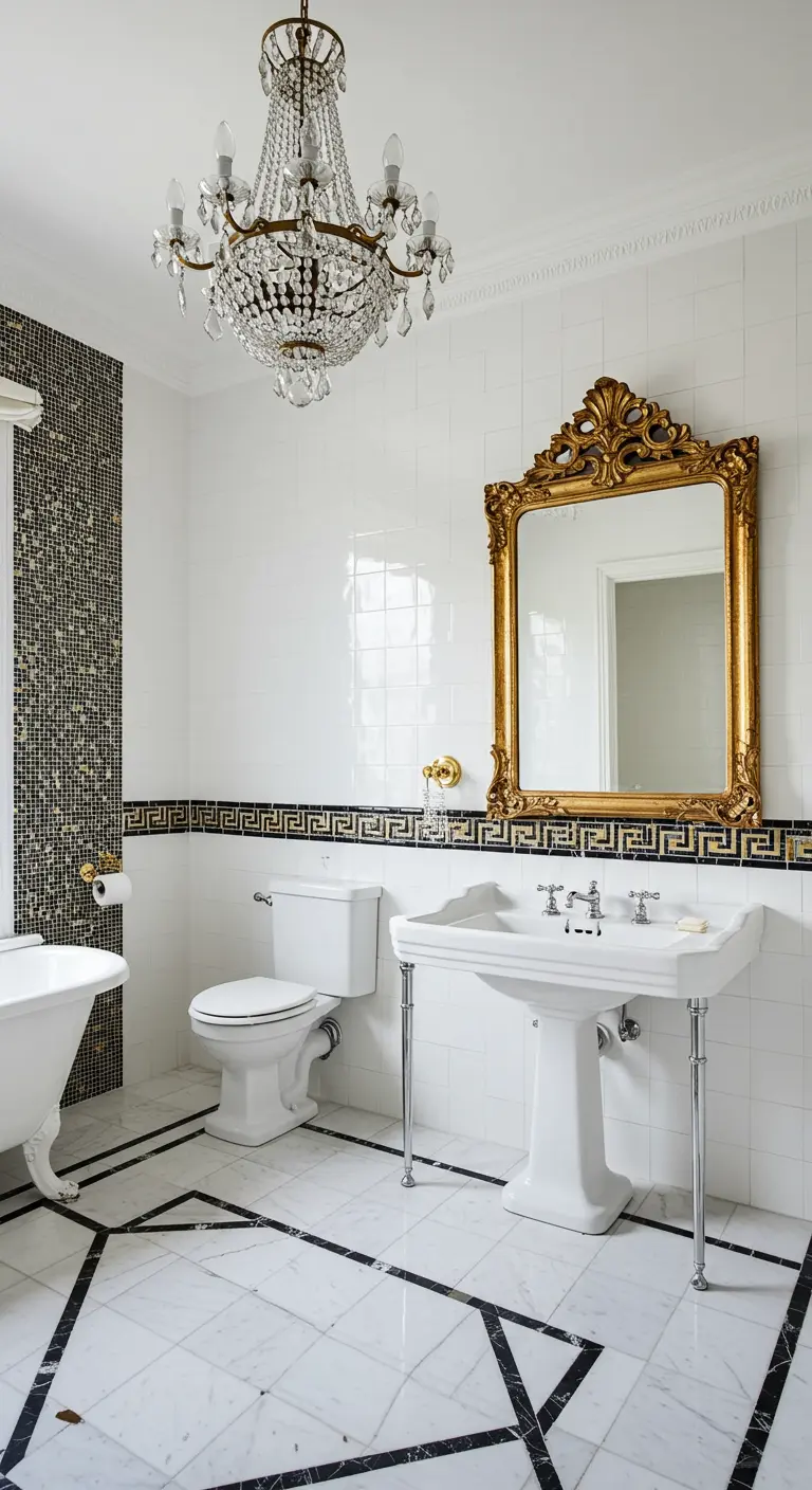 Elegante witte badkamer met kristallen kroonluchter, gouden spiegel en klassieke details.