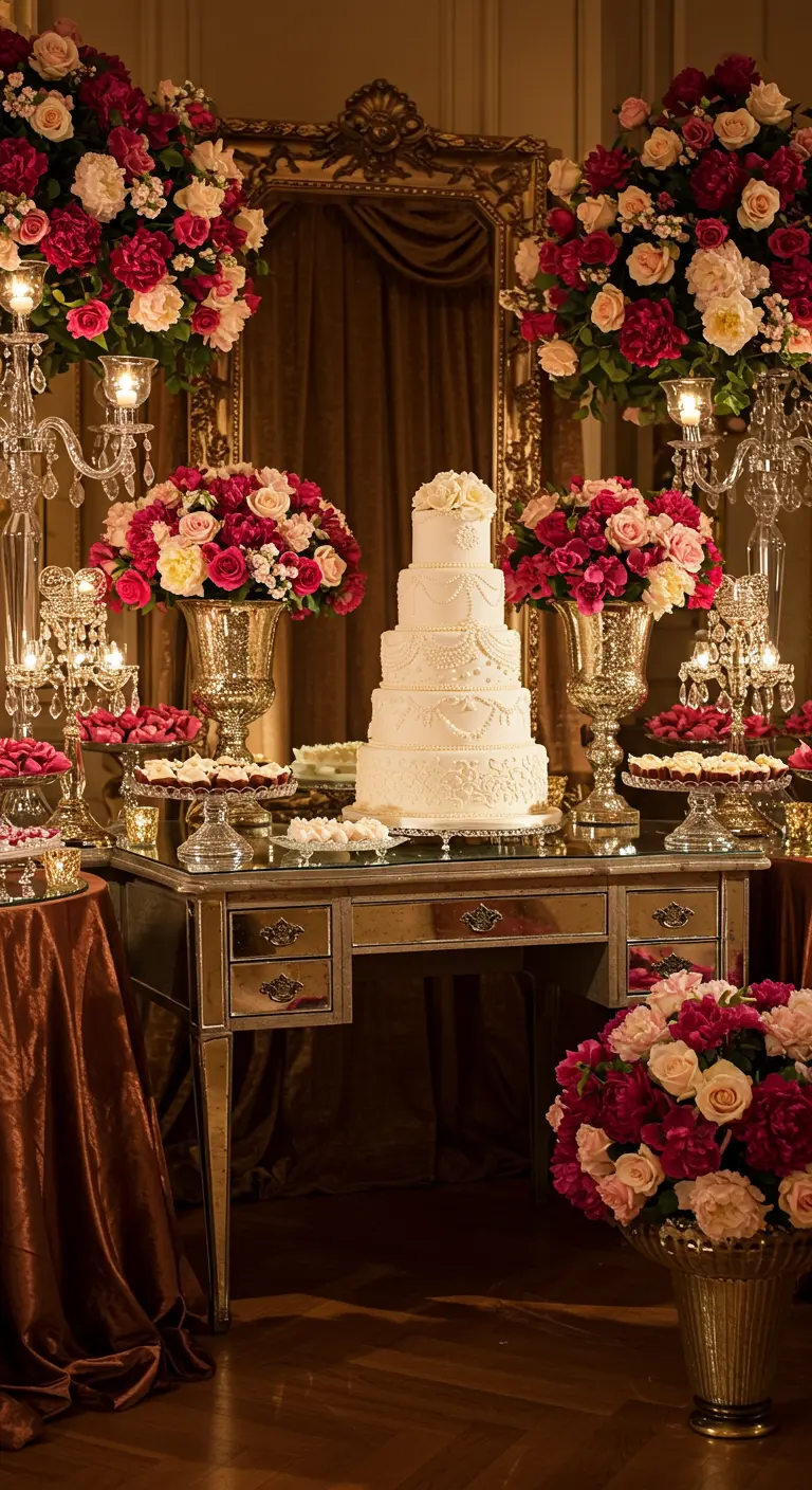 Opulente taarttafel met grote roze en rode bloemstukken, gouden details en spiegelende tafel.