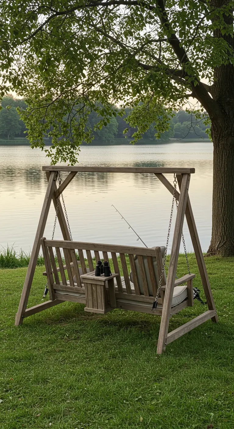 Houten schommelbank met middenconsole aan de waterkant, met uitzicht op een meer.