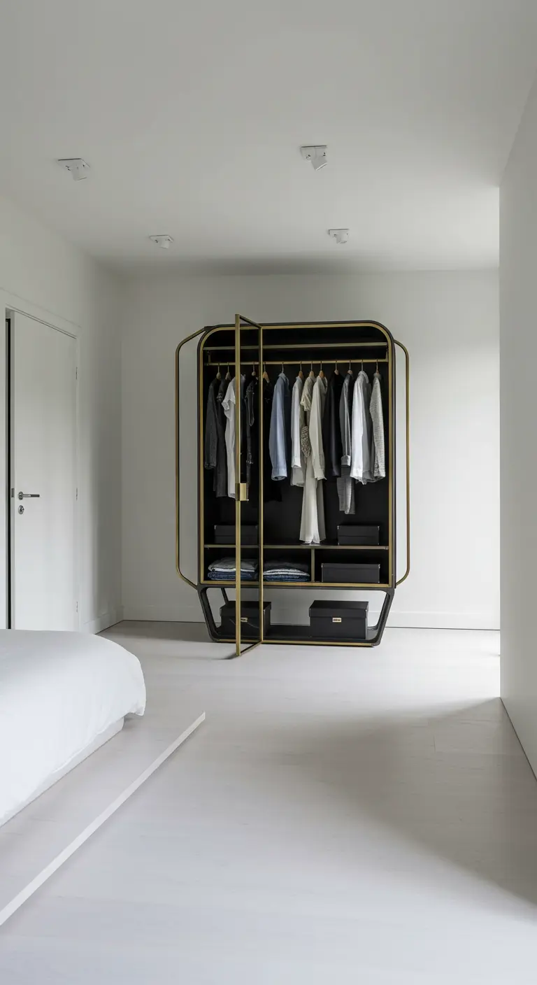 Minimalistische slaapkamer met een vrijstaande zwarte designkast met gouden frame.