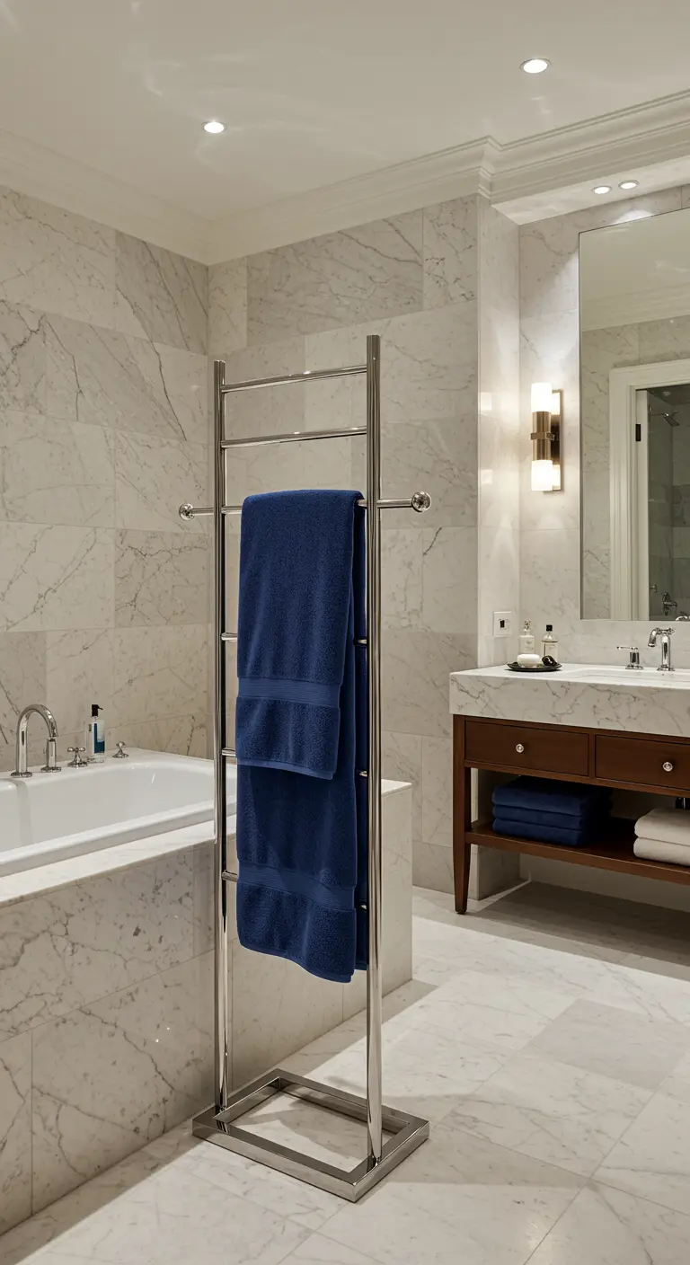 Vrijstaand chromen handdoekrek met blauwe handdoeken in marmeren badkamer.