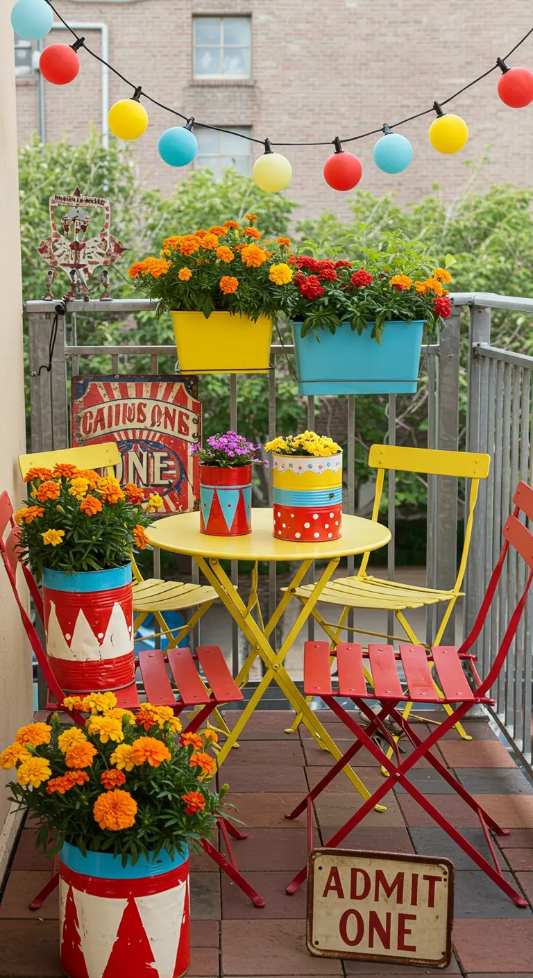 Kleurrijk balkon met geel bistroset, circus-thema decoratie en vrolijke lichtslingers.