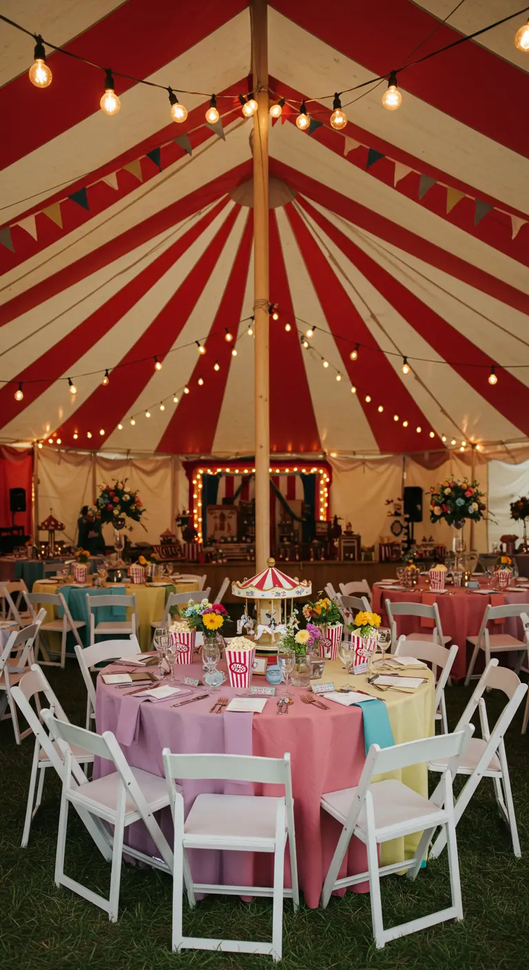 Kleurrijke bruiloft in circustent met ronde tafels, gestreepte decoratie en vlaggetjes.