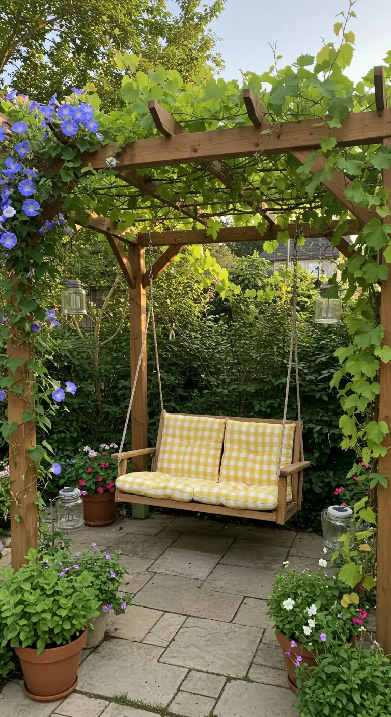 Houten pergola met wijnranken en blauwe bloemen, schommelbank met geel-wit geruite kussens en potplanten.