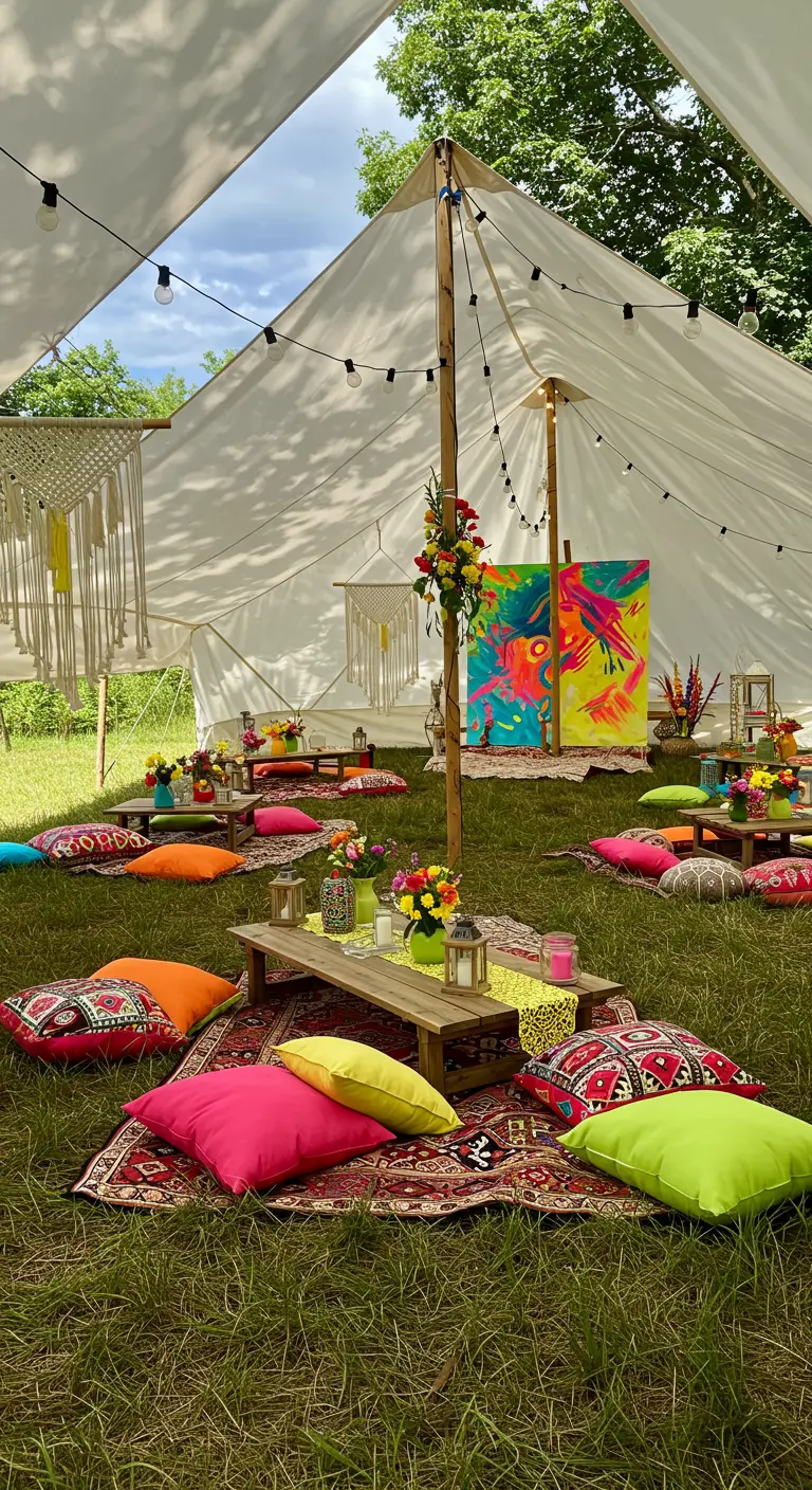 Grote witte tent met kleurrijke kussens op het gras en lage houten tafels