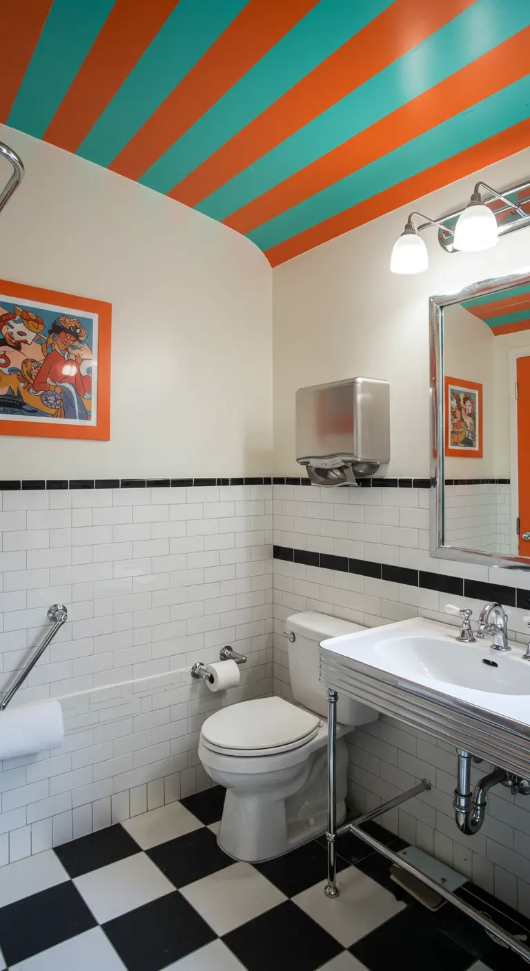Retro badkamer met gestreept oranje en turquoise plafond.