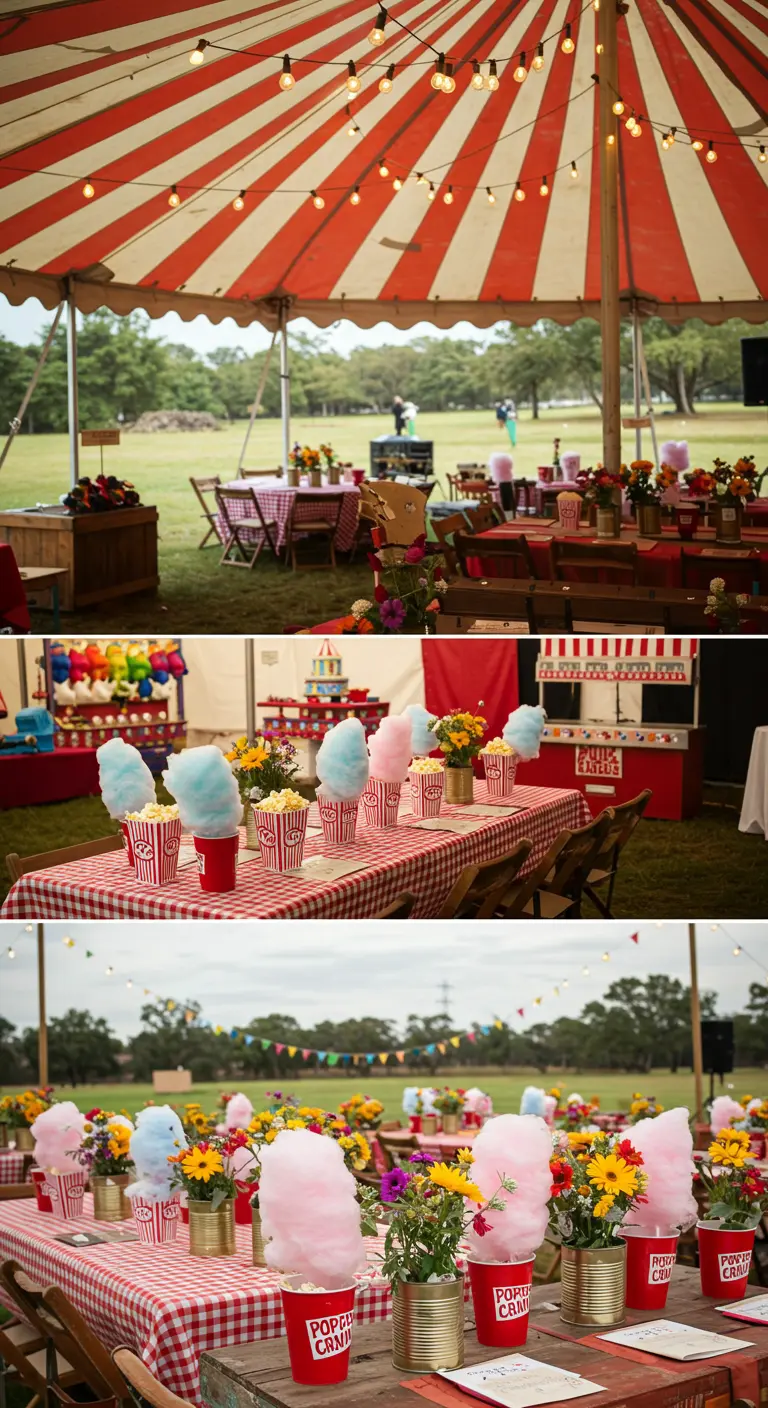Kermisthema bruiloft met rood-wit gestreepte tent, popcorn en suikerspin op tafels.
